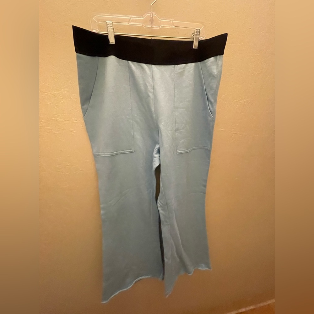 LoveFool 2X Light Blue Lounge Wide Leg Pants with Navy Waistband with Raw Hem